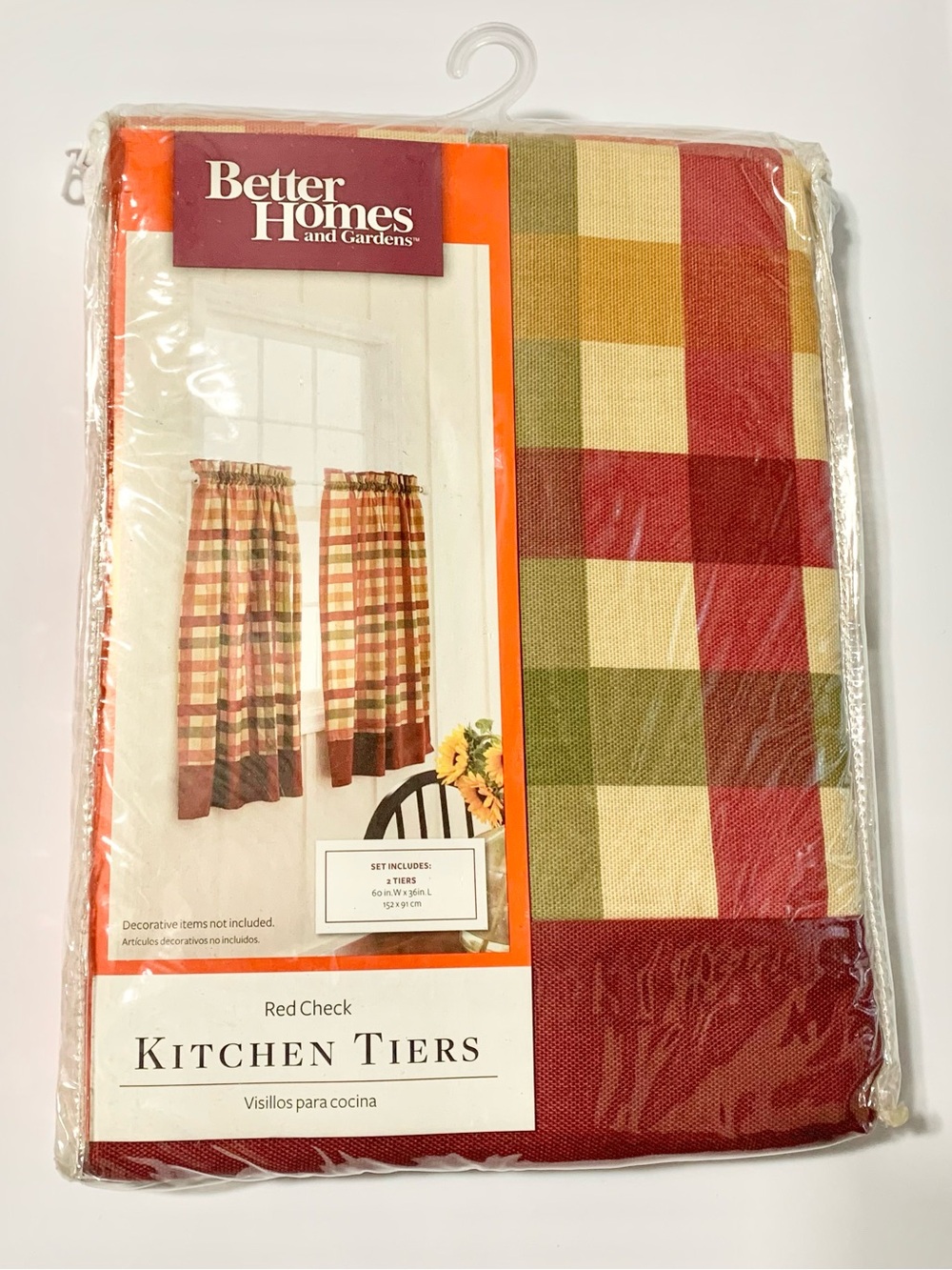 Better Homes & Gardens Red Cream Check Kitchen Tiers Curtains NEW 60” Wx36” L